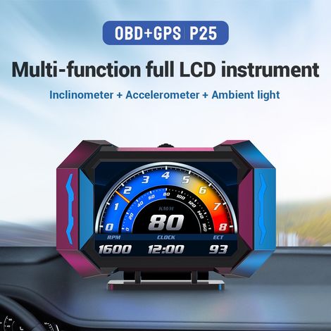 Affichage tête haute du compteur de vitesse GPS OBD, GPS HUD P25 pour voiture, interfaces variées, lampe d'ambiance stroboscopique cool, réglage du logo personnalisé avec jauge multifonctionnelle (1/5)