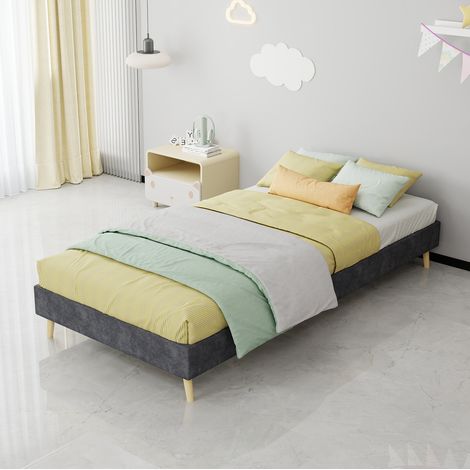 Lit moderne minimaliste 90x200 cm en tissu gris, structure métal, sans tête de lit, base basse (1/5)