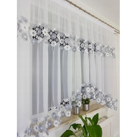 Cortina confeccionada con encaje guipur gris doble de 400x160 cm.