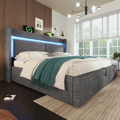 Lit coffre 160x200 cm avec tête de lit à rangement, LED 16 couleurs, USB et USB-C, rangement hydraulique, tiroir sur roulettes, tissu effet lin gris (1/5)