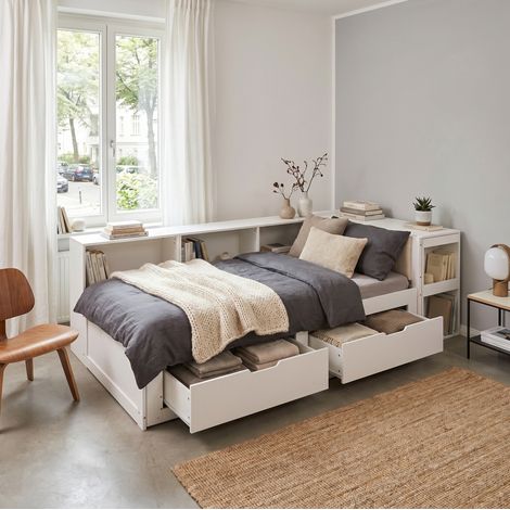 Lit gigogne 90x200 cm avec bureau et 2 tiroirs, tête de lit, en bois blanc mat, sans matelas (1/5)