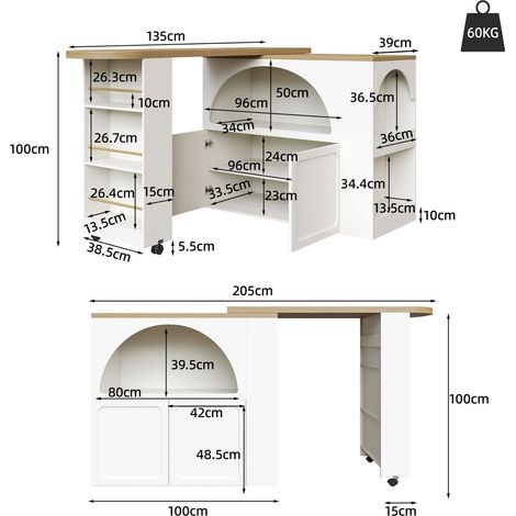 Table de bar extensible avec rangement en bois blanc avec LED et design arrondi 150,2 x 49,5 x 13,5 cm HOMAIRE (1/5)