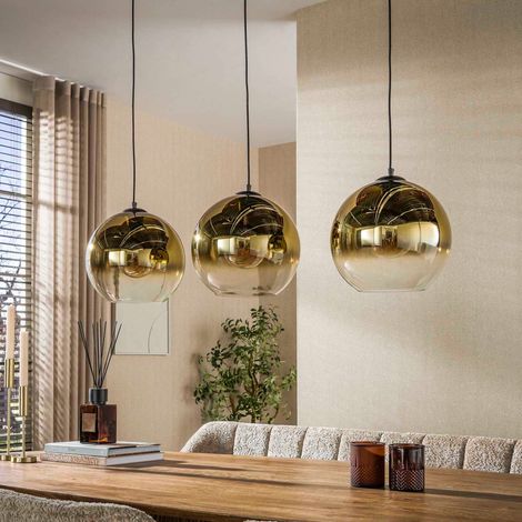 Suspension 3 lampes rondes 110x29x150 cm en verre doré et métal