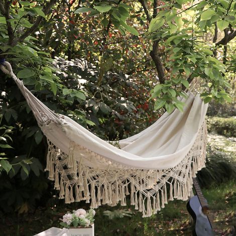 Hamac Double Portable Adulte avec Franges et Sac de Rangement, Idéal pour Camping Intérieur Extérieur, Couleur Beige (1/5)