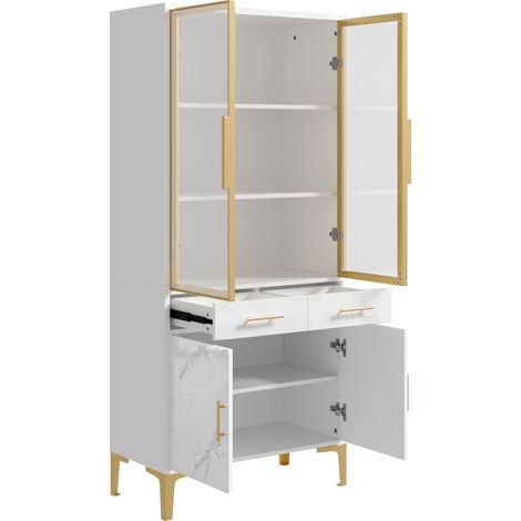 Vitrine haute blanche en MDF et panneaux PB, portes vitrées, LED via application, 2 tiroirs (1/5)