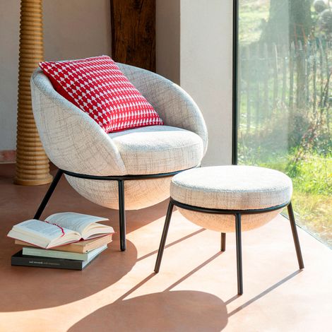 Fauteuil + repose-pieds en tissu texturé beige et métal - EGYZ
