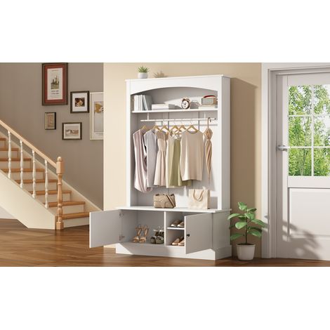 Meuble d'entrée blanc avec porte-manteau, banc de rangement pour chaussures et vêtements, autoportant, gain de place pour couloir, étagères ajustables