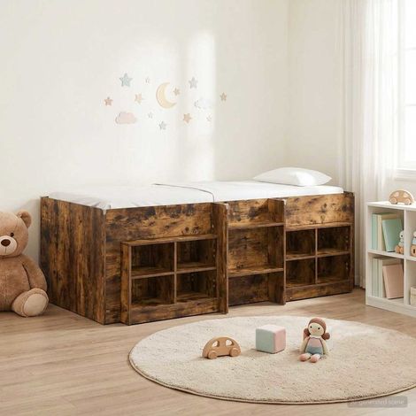 vidaXL Cadre de lit en loft avec armoire avec étagère 3 pc Chêne fumé (1/5)