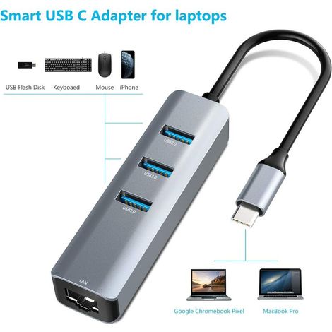 Adaptateur USB, HUB RJ45 Thunderbolt 3/Type-C Adaptateur LAN Gigabit Ethernet, Compatible avec MacBook Pro 16" 2019/2018/2017, MacBook Air 1 pièce MNS (1/4)