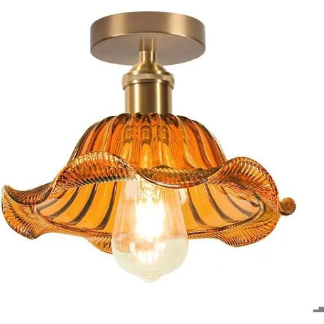 Plafonnier Retro en Verre,25cm Lampe de Plafond Vintage Industriel E27 Lustre Abat-jour en Verre Design Lotus,Ambre (1/5)