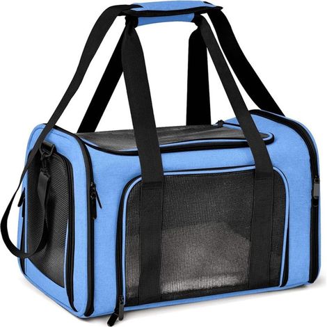 Sac de Transport Chat, avec Matelas Souple, Bandoulière Réglable, Design Pliable et Portable, Tissu en Maille pour la Ventilation, pour Chats et Chiots (Bleu, L 43 × l 28 × H 28 cm) (1/5)