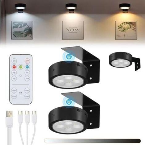 Lot de 3 lampes LED sans fil pour tableaux, rechargeables par USB, éclairage doré pour cadres photo avec télécommande, 3 températures de couleur, lampe à fléchettes à intensité variable, aimantée avec