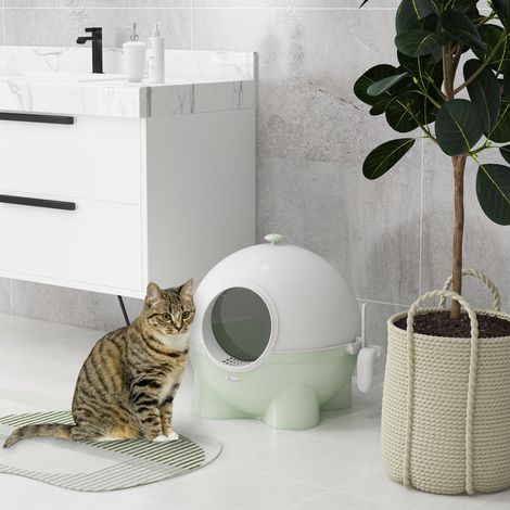 Bac pour chat maison de toilette à litière avec porte battante couvercle amovible vert et blanc 53 x 51 x 48 cm design moderne
