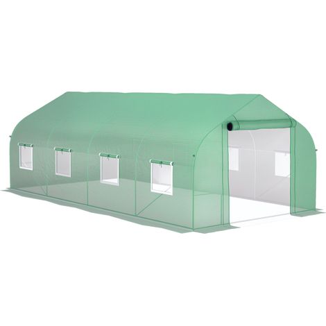 Serre tunnel grande taille 17,85 m² châssis tubulaire acier galvanisé renforcé 2,4 cm 8 fenêtres 1 porte vert (1/5)