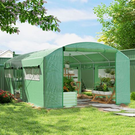 Serre à Tunnel avec 3 Portes Enroulables et 6 Fenêtres, en Acier Galvanisé et PE, 6x3x2 m, Vert (1/5)
