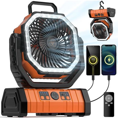 Ventilateur de Camping 20000mAh, Ventilateur Portable Rechargeable avec Lampe LED et Télécommande, 4 Vitesses de Vent, Crochet de Suspension, Batterie Externe pour Tente, Voyage, Plage, Maison (1/5)