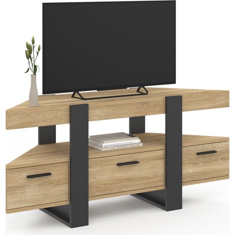 Idmarket – Meuble TV d'angle 110 cm bois et noir – 3 tiroirs – Optimise l'espace – Design moderne pour salon