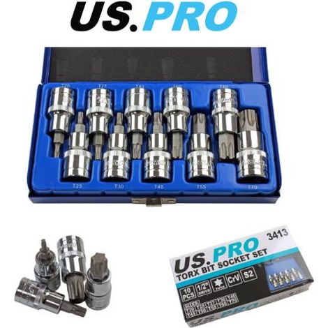 US PRO 1128 10 Piece Torx TRX-Star BIT Socket Set 1/2" Drive