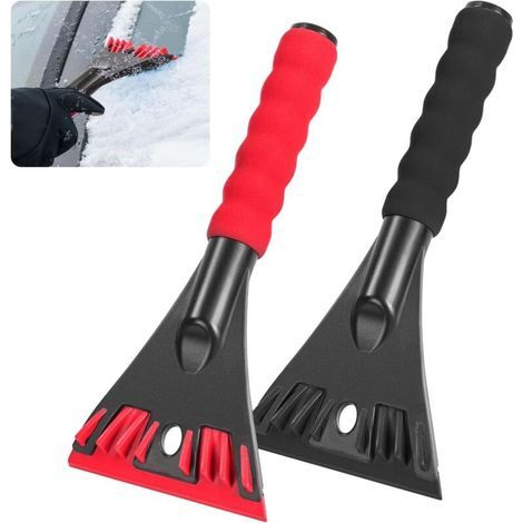 Set aus 2 Autoscheiben-Schabern, 2 in 1, mit rutschfestem Griff, Enteisungs- und Schneeräumwerkzeug, rot und schwarz. (1/4)