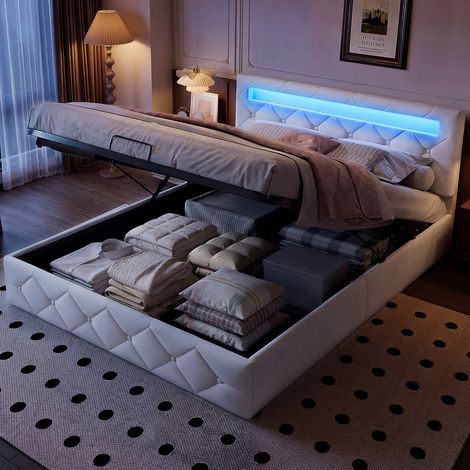 Lit 140x200cm avec LED, Lit Coffre avec Sommier à Lattes, Grand Rangement, Double Capitonné, Velours (Beige) (1/5)