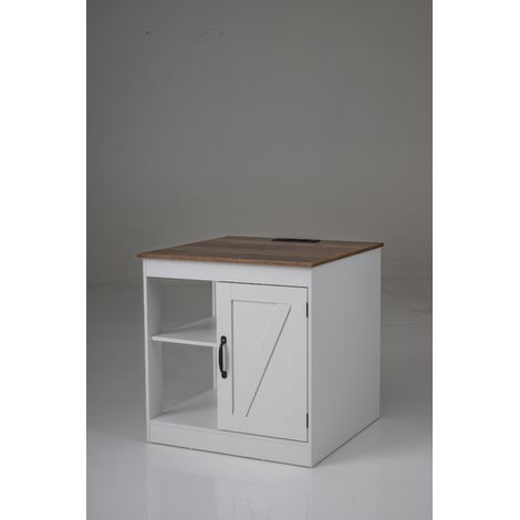Table de chevet champêtre avec station de charge, table de nuit avec étagère réglable, meuble et porte de grange - blanc