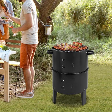 Fumoir amovible 3 en 1 - Barbecue au charbon de bois multifonction à double couche - Fût de fumée - Avec thermomètre et évacuation d'air réglable sur le couvercle - Noir (1/5)