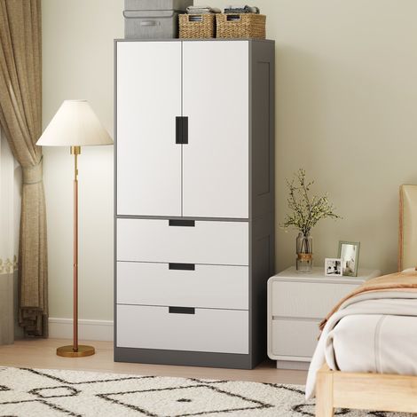 Armoire Chambre (Penderie)  2 Portes Fermeture Douce + 3 Tiroirs + Barre Suspension  80x50x180 cm Gris-Blanc