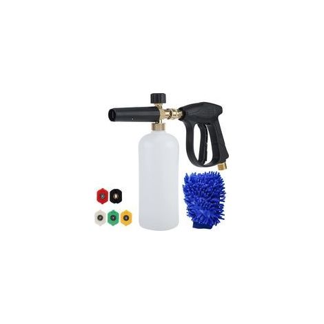 Hochdruck-Schaumkanone, 1-Liter-Schaumlanze mit verstellbarem 1/4-Zoll-Schnellverschluss, Seifenspenderflasche mit 5 Düsen und 1 Handschuh, zur Reinigung von Motorrädern und Autos, 8-teilig – Crezuo