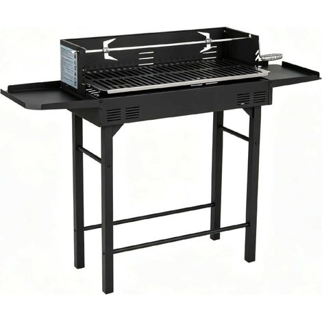 Réglage facile de la hauteur, barbecue à charbon 73 x 34 cm avec rôtissoire, 2 étagères latérales (1/2)