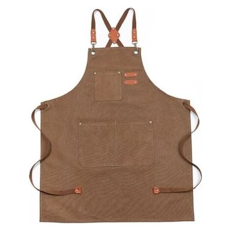 GDHZS-LaBlanc – 1PC Brun Tablier à brets en denim imperméable amélioré, tablier en denim réglable avec poches et brets croisées (1/4)