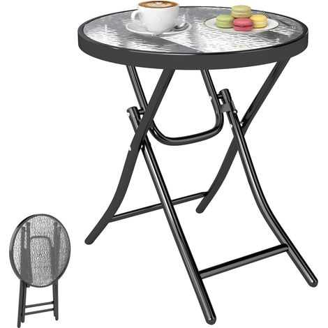 Outsunny Foldable Garden Table, Round Folding Table with Glass Tabletop and Safety Buckle for Patio, Garden, Outdoor, Indoor, Black
