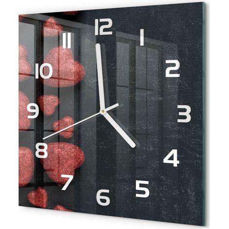 Horloge Murale Carrée Décoration Salon Moderne Verre Trempé Artistique Cœurs sur la planche 30x30 cm (1/5)