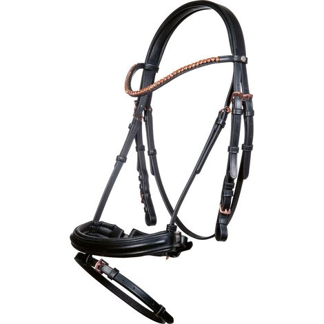 Briglia in cuoio con brillanti rosa e redini in tessuto Modello Rosegold Glamour: pony, nero /rosa oro 9178 (1/5)