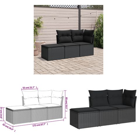 3-tlg. Garten-Sofagarnitur mit Kissen Schwarz Poly Rattan - Gartenmöbel Set - PE-Rattan Möbel - Outdoor Lounge - Esszimmergarnitur - Balkonmöbel - Home & Living