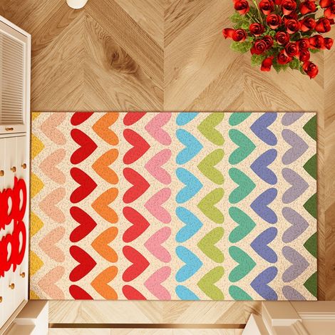 LAN Cœur coloré, 40 x 60 cm, boucle en soie Tapis d'entrée à motifs de dessins animés, résistant aux taches et facile à nettoyer, tapis en soie bouclée pour la maison, entrée, résistant à l'usure et a (1/4)