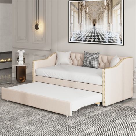 Letto estraibile 90x200 cm, letto per bambini imbottito, punti di trazione a forma di diamante e due rivetti decorativi, rivestimento in lino, adatto a bambini e ragazzi - Beige