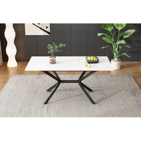 Table à manger extensible 120-160 x 80 cm, plateau blanc, pieds en métal noir, table rectangulaire pour 4 à 6 personnes (1/5)