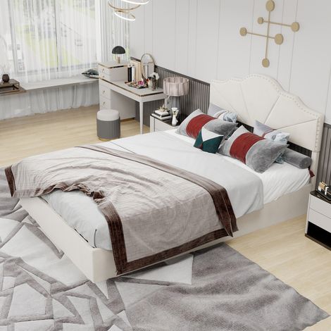Lit moderne minimaliste et moelleux, tête de lit confortable et douce, 140200CM, beige, meuble de chambre multifonctionnel, cadre de lit coffre haut avec vérin hydraulique, matelas non inclus. (1/5)