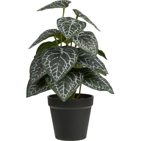 Pianta artificiale con foglie decorate verde e argento in vaso nero 33 cm