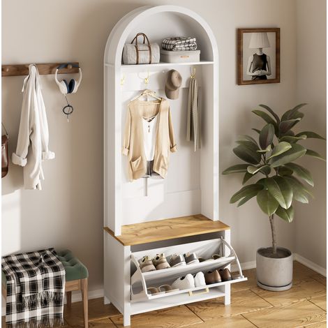 Meuble rangement d'entrée avec porte-chaussures, étagère et crochets 75 x 35 x 195 cm DESVIAE (1/5)