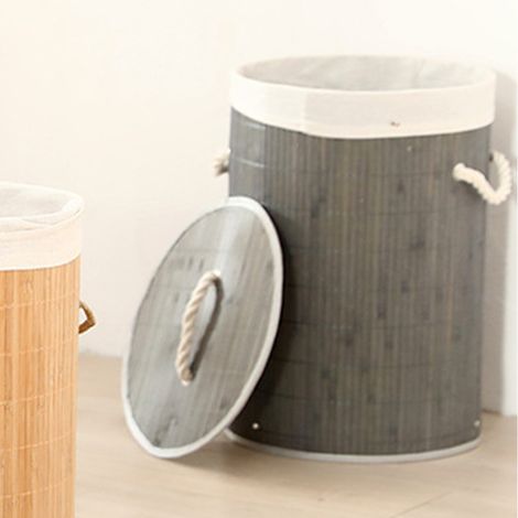 Panier à linge pliable, panier de courses, bambou, grande capacité, seau pour ranger le linge sale, maison, 1.0, gris, rond (1/5)