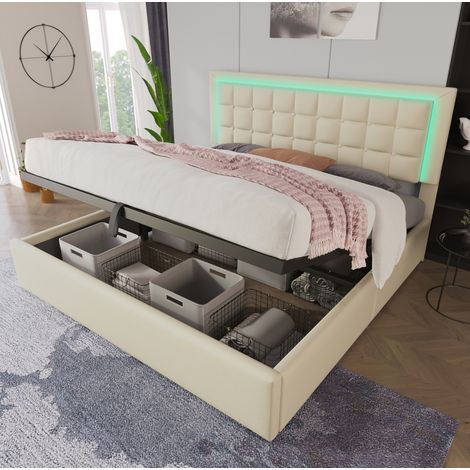 Lit coffre 180x200 avec LED, PU blanc, rangement HAVRYA (1/5)