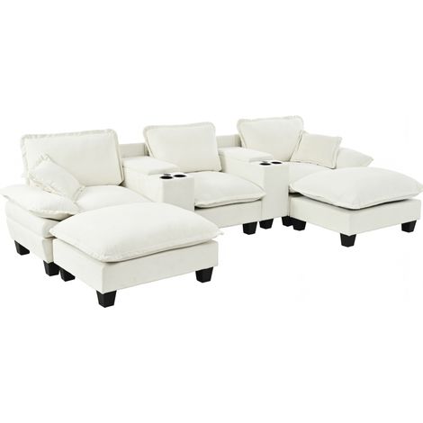 Sofá modular en U de chenilla beige con USB, portavasos y arcón (1/5)