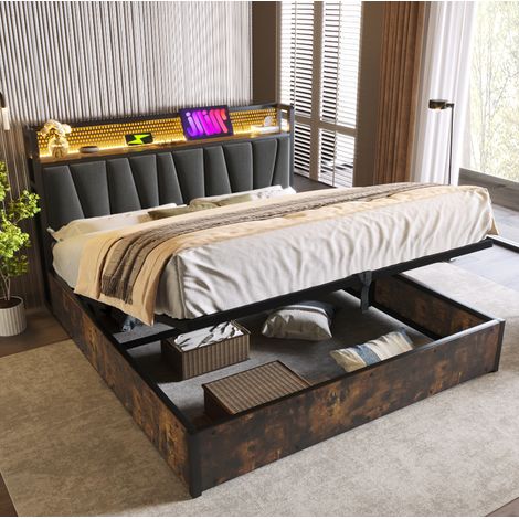 Letto matrimoniale 180x200 cm in metallo e lino grigio con LED RGBW e prese USB (1/5)