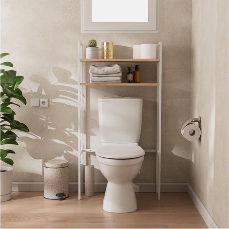 Mob-In – Étagère pont WC bas en métal blanc 125x66cm – Structure en fer peinture époxy – 2 étagères ajustables pour rangement compact