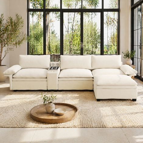 Divano angolare modulare 4 posti in ciniglia beige, 315 cm, con ottomano e console (1/5)