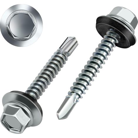 Lot de 80 vis auto-taraudeuses à tête trapézoïdale - 4,8 x 35 mm - Vis autotaraudeuses avec rondelles EPDM - Vis hélicoïdales à tête hexagonale - Vis autoperceuses galvanisées pour tôle de (1/5)