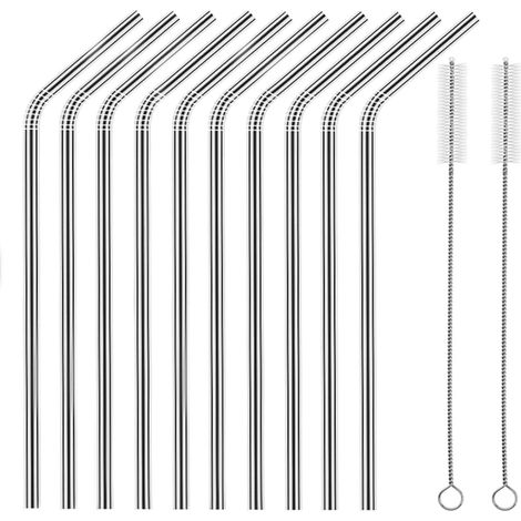 Confezione da 10 cannucce Huaqi in acciaio inox, cannucce curve riutilizzabili, lunghe 26,5 cm, diametro 0,6 cm, adatte per tazze da 850 ml e 590 ml, incluse 2 spazzole per la pulizia (10 cannucce cur