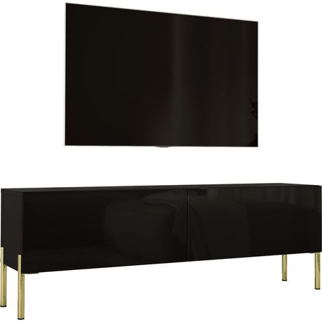 Meuble TV : Noir Mat / Noir Brillant, pieds dorées, 140 x 52 x 32 cm (1/5)