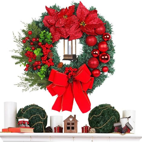 Couronne de Noël Extérieure avec Lumières Couronne Saisonnière à Noeud,Décoration Festive pour la Maison pour Porche Cuisine Armoire Ferme Manteau De Cheminée Porte D'Entrée Mur Cheminée (1/5)